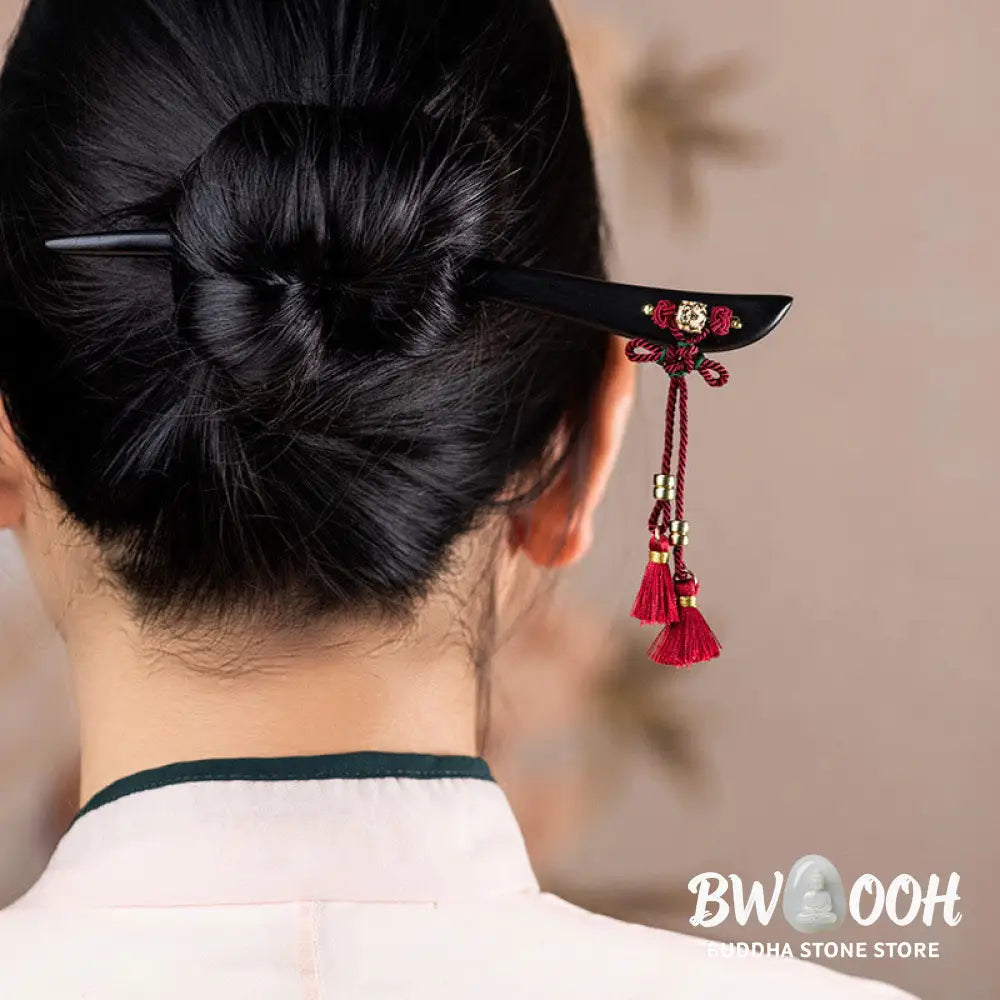 Buddha Stones Ebony Red String Chinese Knot Tassel Protection Hairpin - Ebony Hairpin - Hairpin