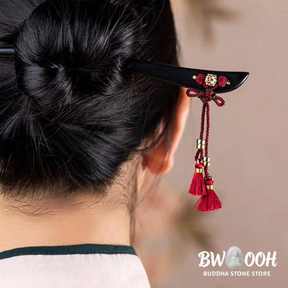Buddha Stones Ebony Red String Chinese Knot Tassel Protection Hairpin - Ebony Hairpin - Hairpin