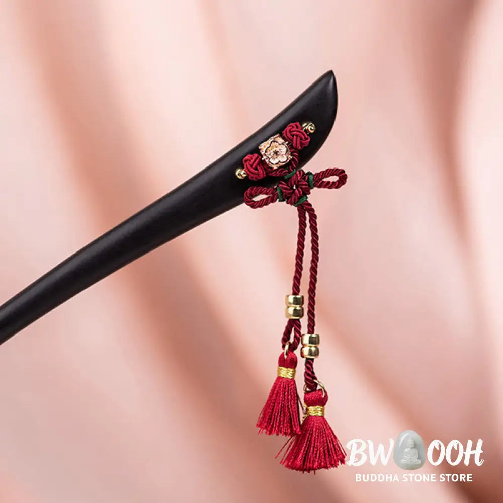 Buddha Stones Ebony Red String Chinese Knot Tassel Protection Hairpin - Ebony Hairpin - Hairpin