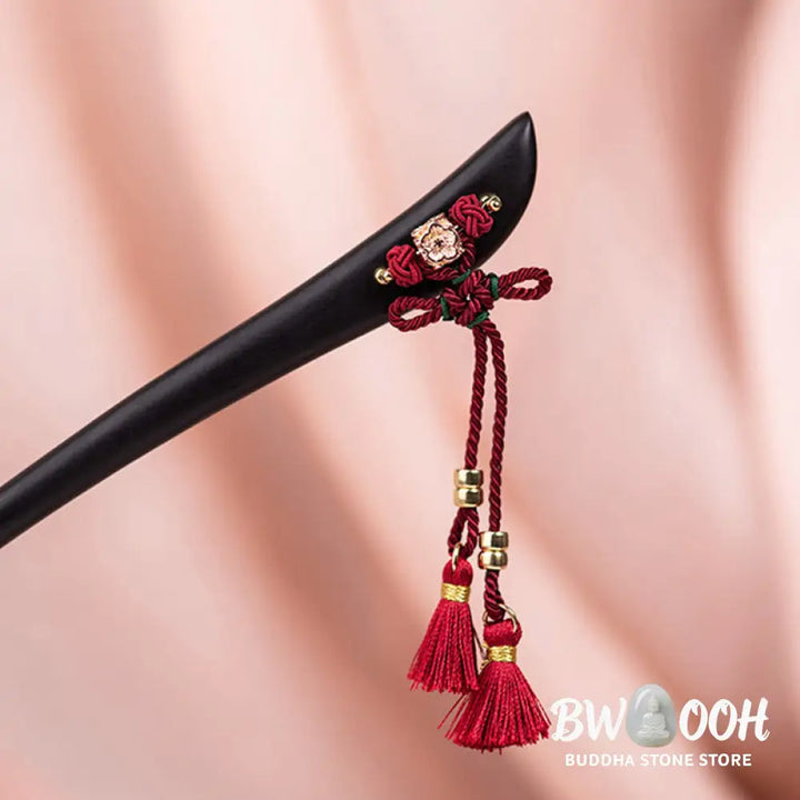 Buddha Stones Ebony Red String Chinese Knot Tassel Protection Hairpin - Ebony Hairpin - Hairpin