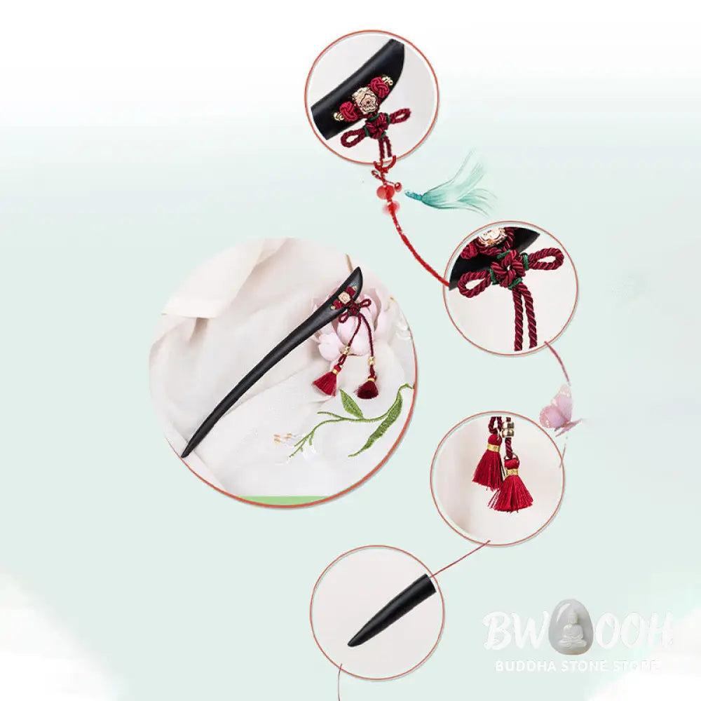 Buddha Stones Ebony Red String Chinese Knot Tassel Protection Hairpin - Ebony Hairpin - Hairpin
