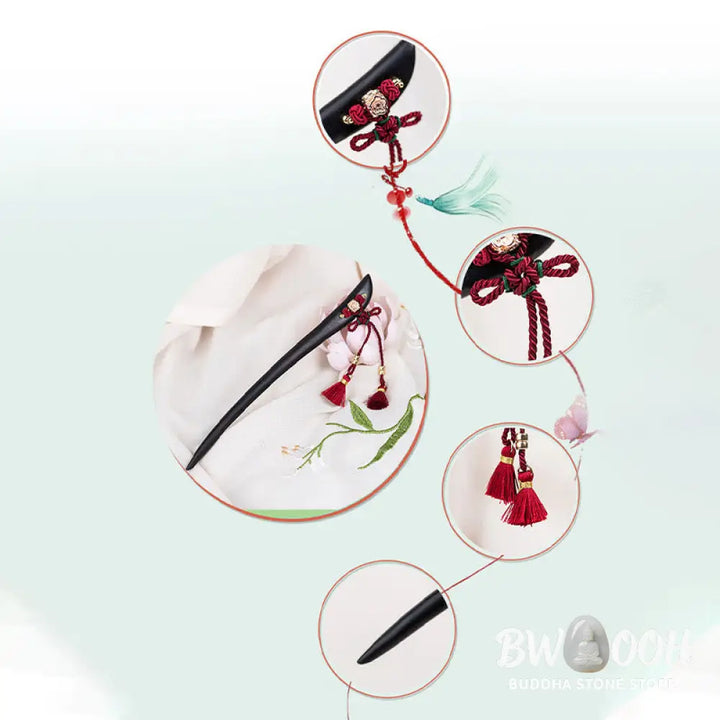 Buddha Stones Ebony Red String Chinese Knot Tassel Protection Hairpin - Ebony Hairpin - Hairpin