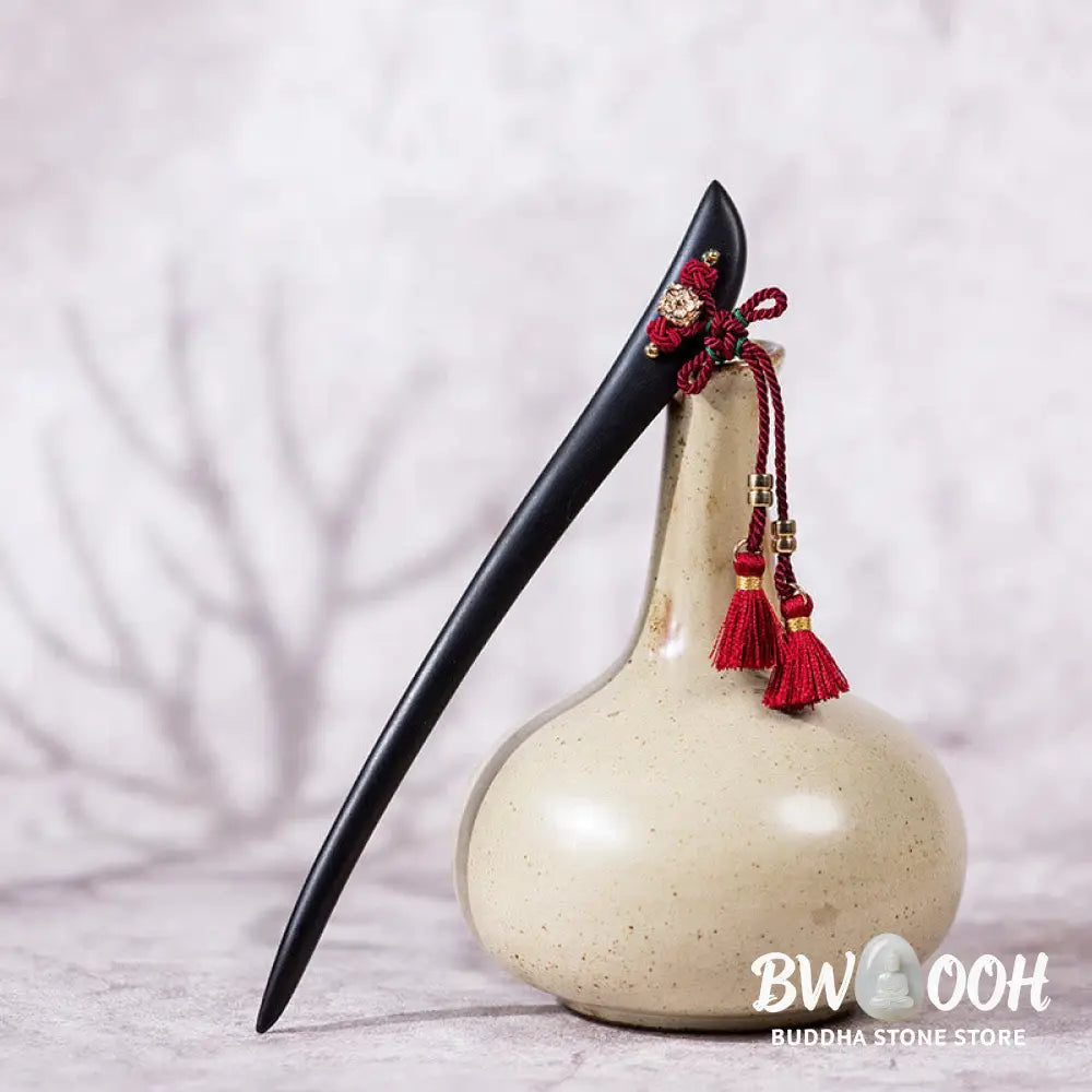 Buddha Stones Ebony Red String Chinese Knot Tassel Protection Hairpin - Ebony Hairpin - Hairpin