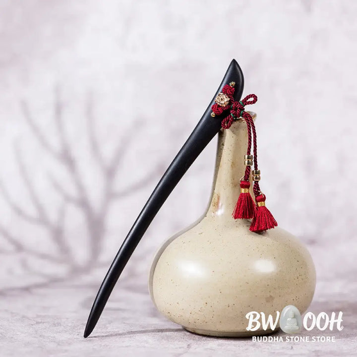 Buddha Stones Ebony Red String Chinese Knot Tassel Protection Hairpin - Ebony Hairpin - Hairpin