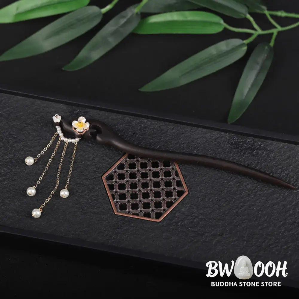 Buddha Stones Ebony Shell Flower Pearl Tassel Blessing Hairpin - Ebony Hairpin - Hairpin