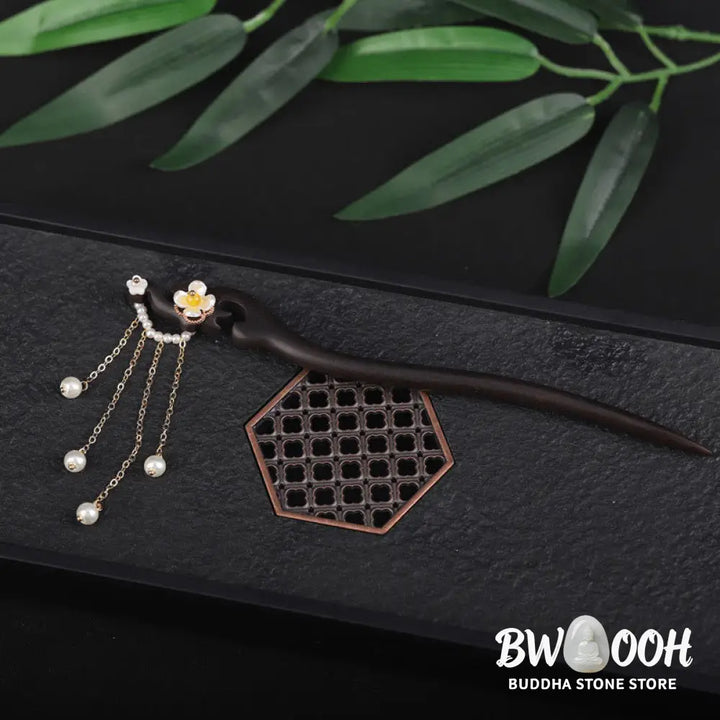 Buddha Stones Ebony Shell Flower Pearl Tassel Blessing Hairpin - Ebony Hairpin - Hairpin