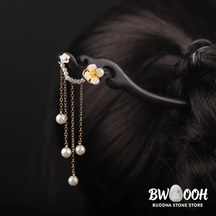 Buddha Stones Ebony Shell Flower Pearl Tassel Blessing Hairpin - Ebony Hairpin - Hairpin
