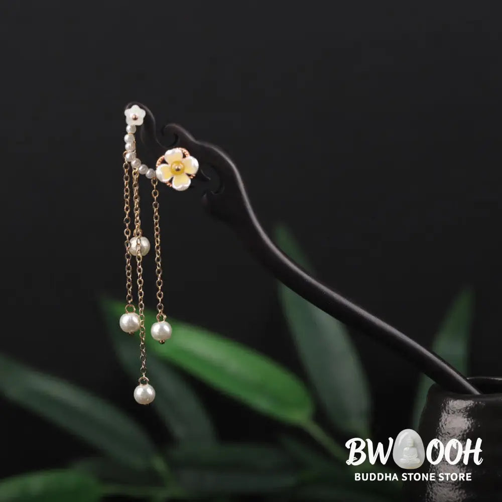 Buddha Stones Ebony Shell Flower Pearl Tassel Blessing Hairpin - Ebony Hairpin - Hairpin
