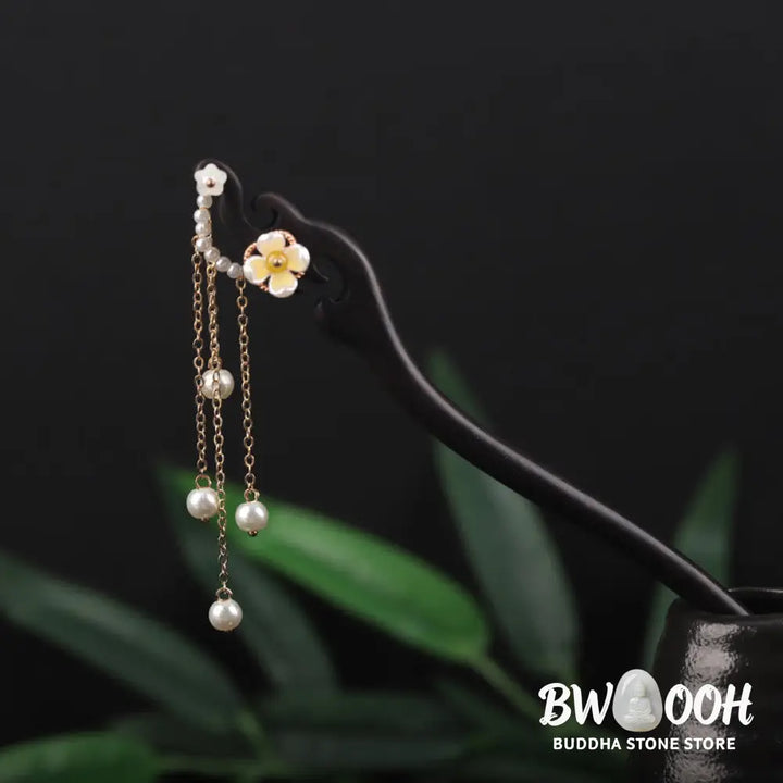Buddha Stones Ebony Shell Flower Pearl Tassel Blessing Hairpin - Ebony Hairpin - Hairpin