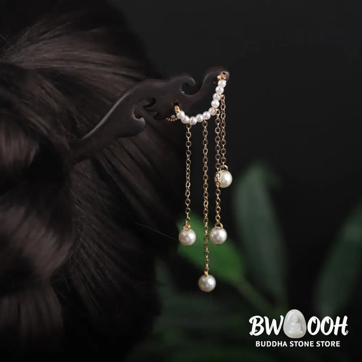 Buddha Stones Ebony Shell Flower Pearl Tassel Blessing Hairpin - Ebony Hairpin - Hairpin