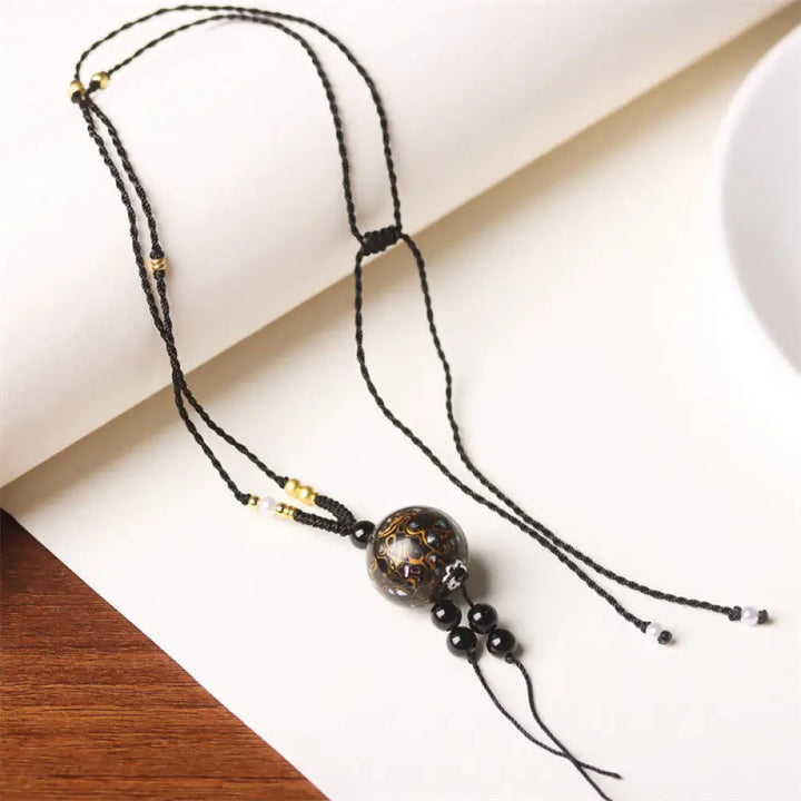 Buddha Stones Ebony Wood Aurora Lacquer Craft Bead Pearl Balance Necklace Pendant - BWOOOH - Black Gold Charm(Random