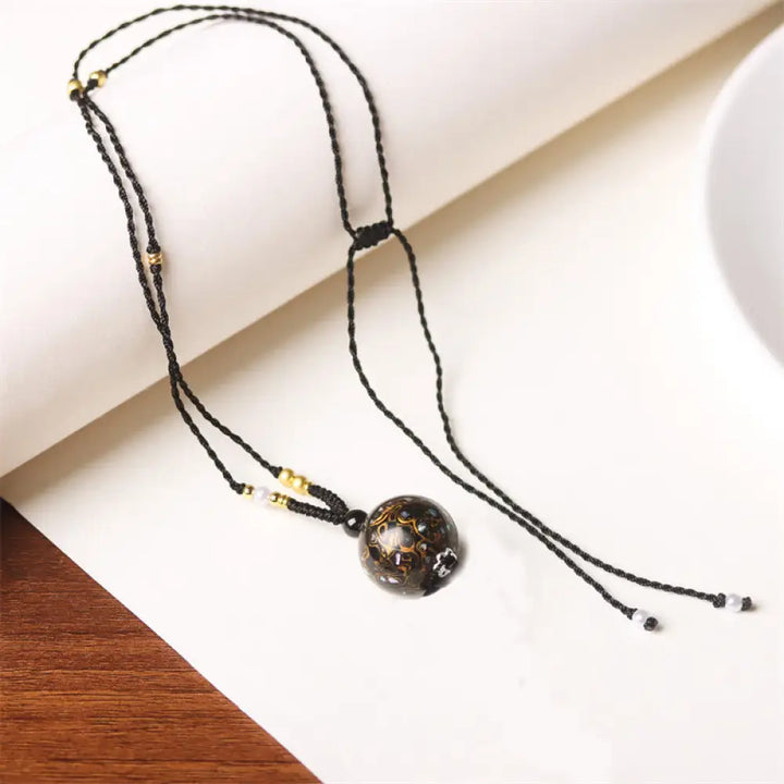 Buddha Stones Ebony Wood Aurora Lacquer Craft Bead Pearl Balance Necklace Pendant - BWOOOH - Black Gold(Random Black
