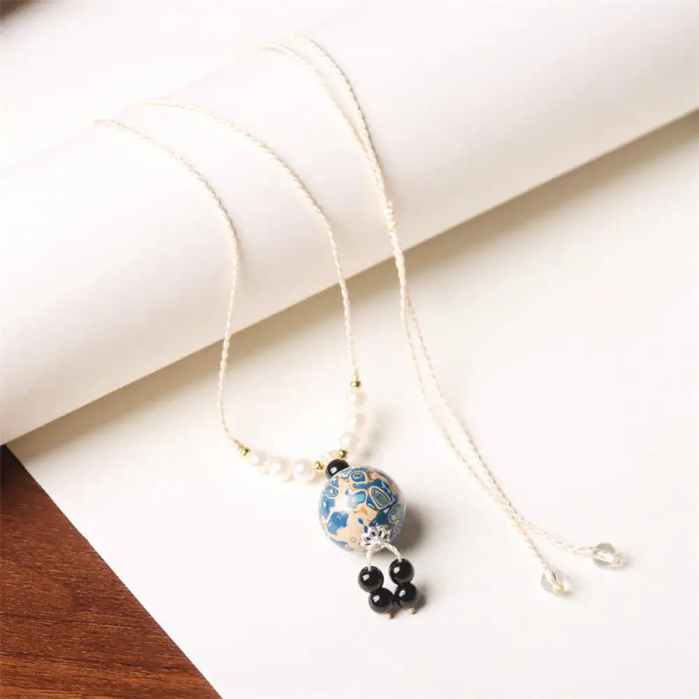 Buddha Stones Ebony Wood Aurora Lacquer Craft Bead Pearl Balance Necklace Pendant - BWOOOH - Blue White Charm(Random