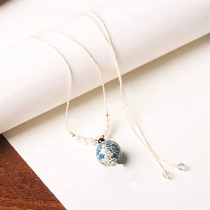Buddha Stones Ebony Wood Aurora Lacquer Craft Bead Pearl Balance Necklace Pendant - BWOOOH - Blue White(Random Blue