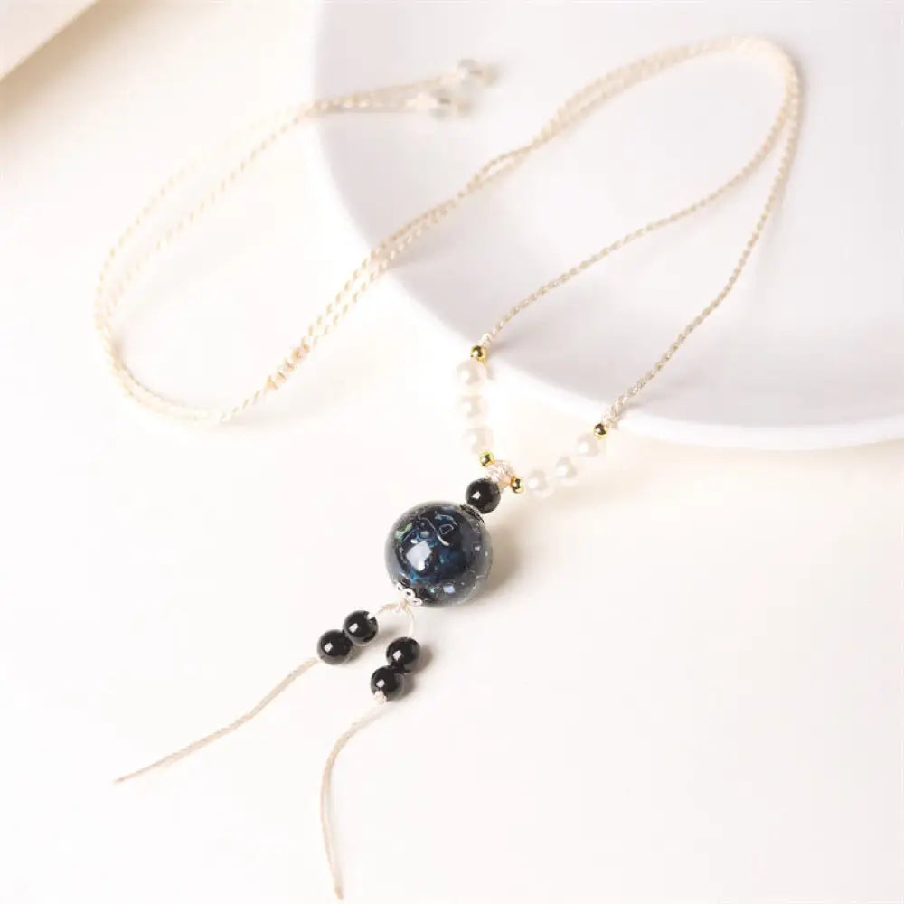 Buddha Stones Ebony Wood Aurora Lacquer Craft Bead Pearl Balance Necklace Pendant - BWOOOH - Dark Blue Charm(Random