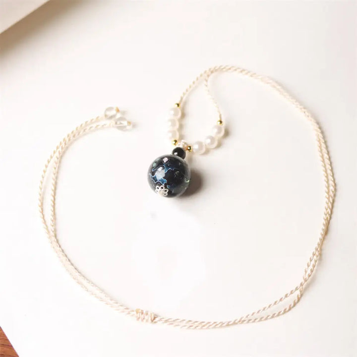 Buddha Stones Ebony Wood Aurora Lacquer Craft Bead Pearl Balance Necklace Pendant - BWOOOH - Dark Blue(Random Blue)