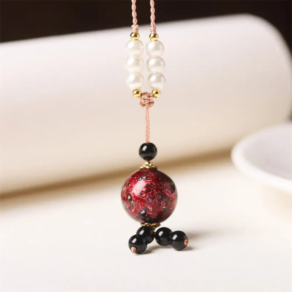 Buddha Stones Ebony Wood Aurora Lacquer Craft Bead Pearl Balance Necklace Pendant - BWOOOH - Dark Red Charm(Random Red)