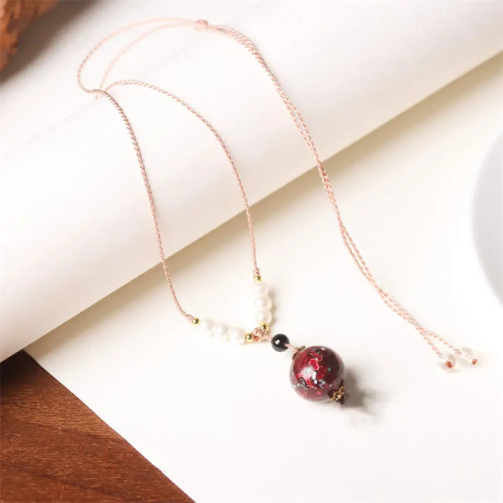 Buddha Stones Ebony Wood Aurora Lacquer Craft Bead Pearl Balance Necklace Pendant - BWOOOH - Dark Red(Random Red)
