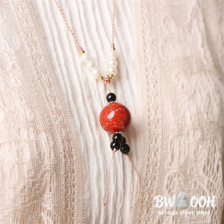 Buddha Stones Ebony Wood Aurora Lacquer Craft Bead Pearl Balance Necklace Pendant - BWOOOH - Necklaces &amp; Pendants