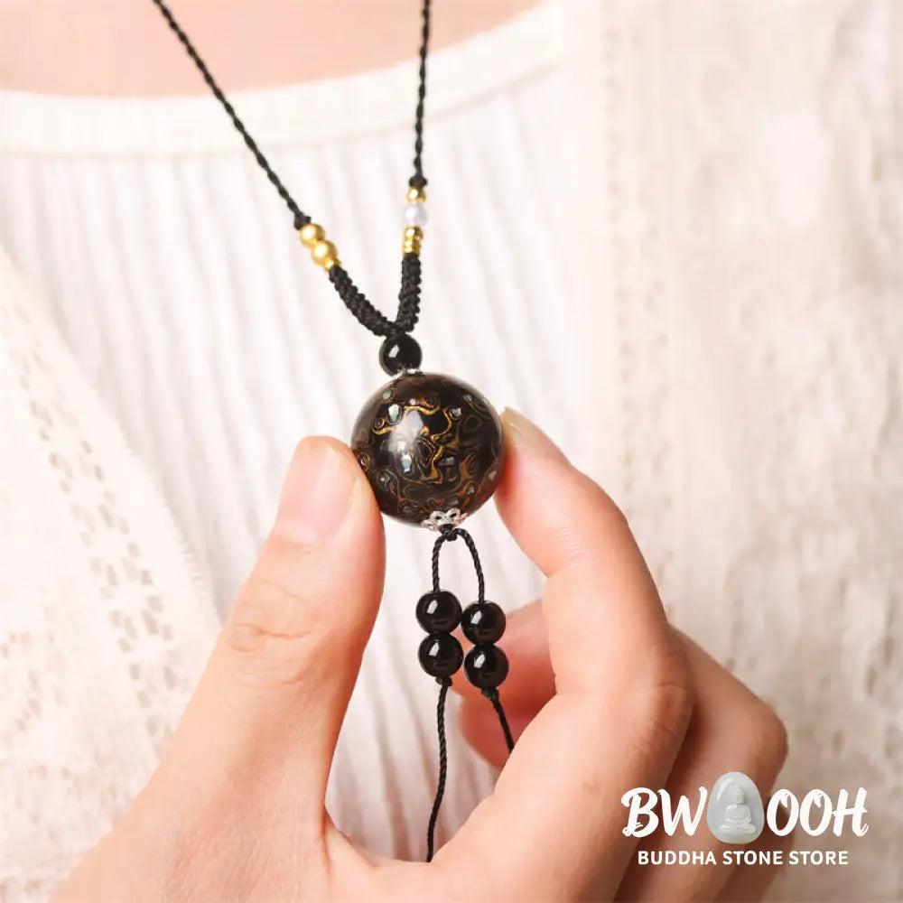 Buddha Stones Ebony Wood Aurora Lacquer Craft Bead Pearl Balance Necklace Pendant - BWOOOH - Necklaces &amp; Pendants
