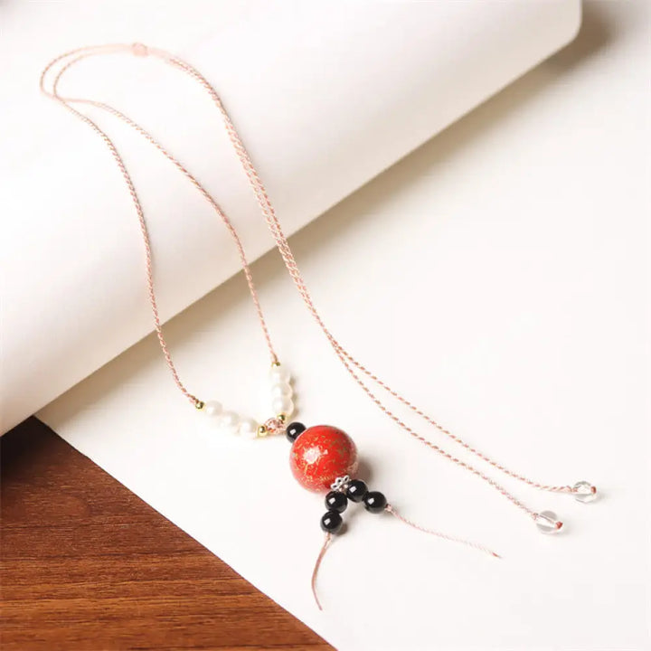 Buddha Stones Ebony Wood Aurora Lacquer Craft Bead Pearl Balance Necklace Pendant - BWOOOH - Red Charm(Random Red)