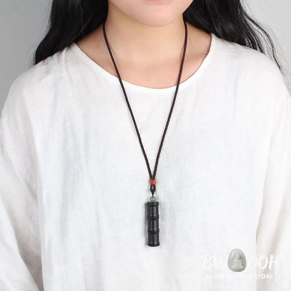 Buddha Stones Ebony Wood Bamboo Pattern Ghau Prayer Box Peace Necklace Pendant - BWOOOH - Necklaces &amp; Pendants