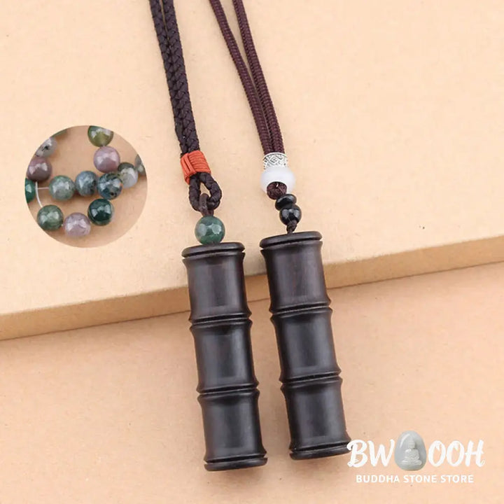 Buddha Stones Ebony Wood Bamboo Pattern Ghau Prayer Box Peace Necklace Pendant - BWOOOH - Necklaces &amp; Pendants