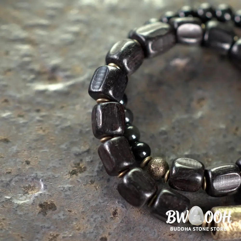 Buddha Stones Ebony Wood Black Obsidian Copper Brass Peace Double Wrap Bracelet - BWOOOH - Bracelet