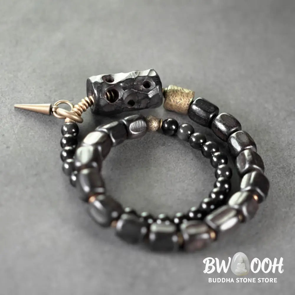 Buddha Stones Ebony Wood Black Obsidian Copper Brass Peace Double Wrap Bracelet - BWOOOH - Bracelet