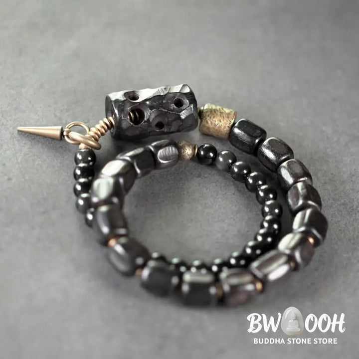 Buddha Stones Ebony Wood Black Obsidian Copper Brass Peace Double Wrap Bracelet - BWOOOH - Bracelet