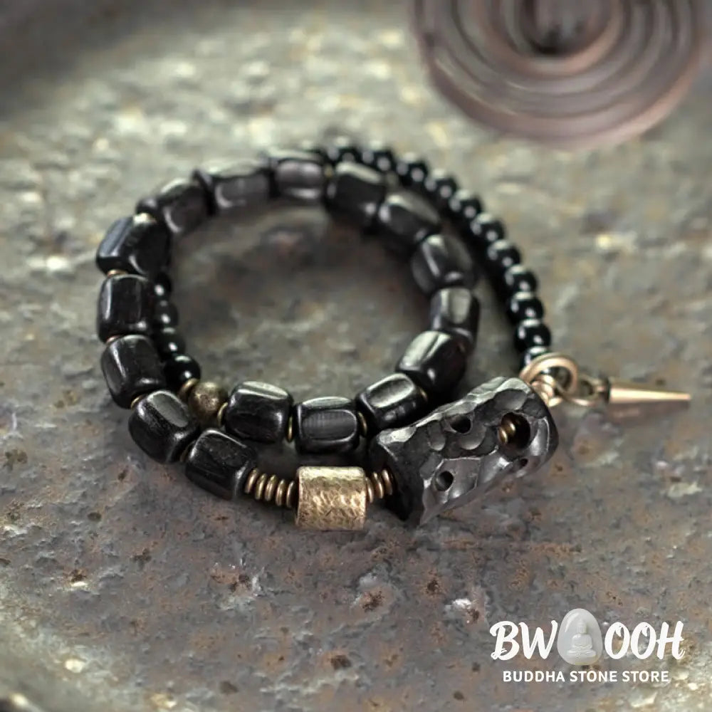 Buddha Stones Ebony Wood Black Obsidian Copper Brass Peace Double Wrap Bracelet - BWOOOH - Bracelet