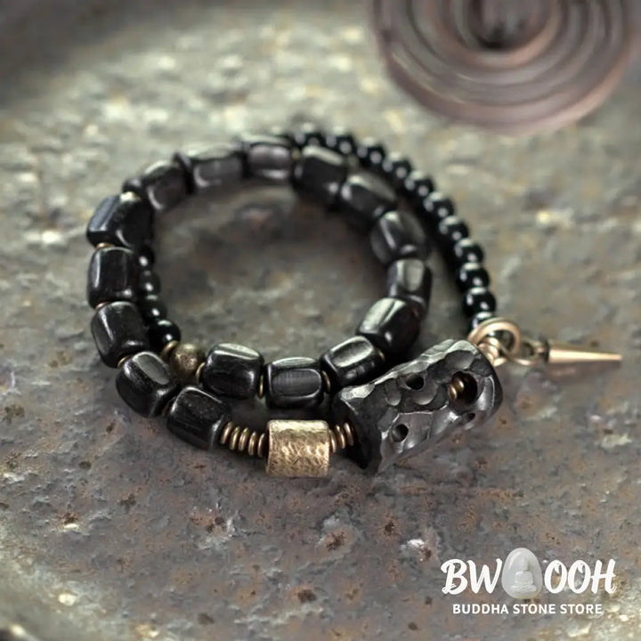 Buddha Stones Ebony Wood Black Obsidian Copper Brass Peace Double Wrap Bracelet - BWOOOH - Bracelet