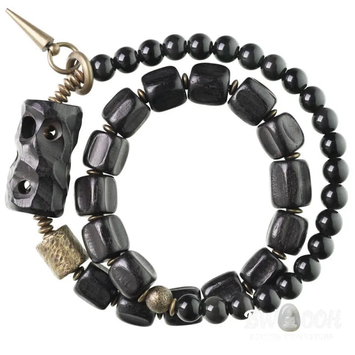Buddha Stones Ebony Wood Black Obsidian Copper Brass Peace Double Wrap Bracelet - BWOOOH - Bracelet