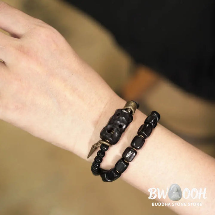 Buddha Stones Ebony Wood Black Obsidian Copper Brass Peace Double Wrap Bracelet - BWOOOH - Bracelet
