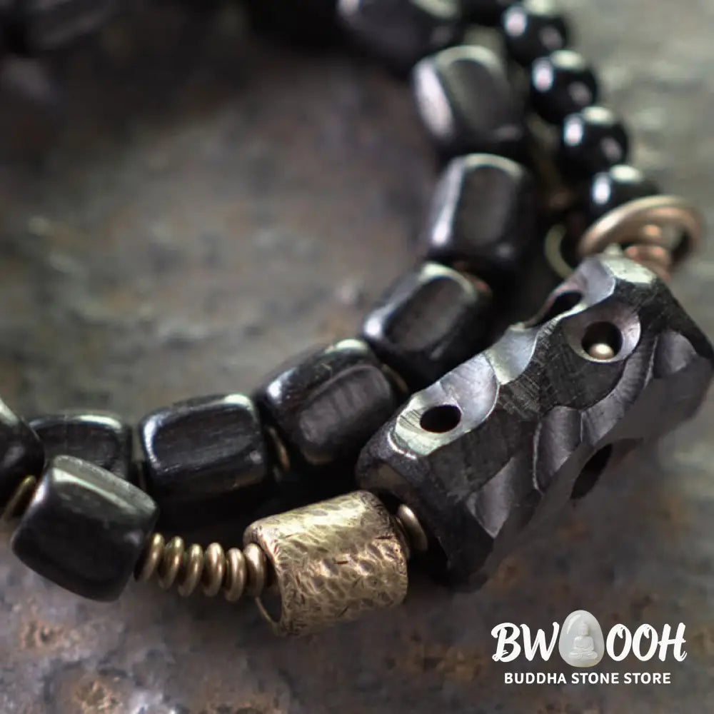 Buddha Stones Ebony Wood Black Obsidian Copper Brass Peace Double Wrap Bracelet - BWOOOH - Bracelet