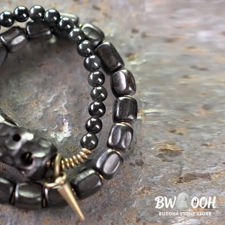 Buddha Stones Ebony Wood Black Obsidian Copper Brass Peace Double Wrap Bracelet - BWOOOH - Bracelet