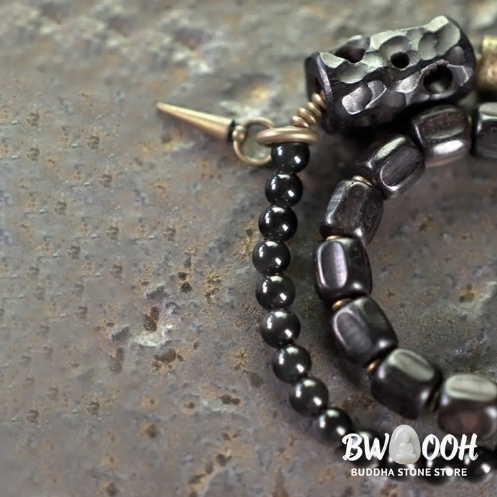 Buddha Stones Ebony Wood Black Obsidian Copper Brass Peace Double Wrap Bracelet - BWOOOH - Bracelet