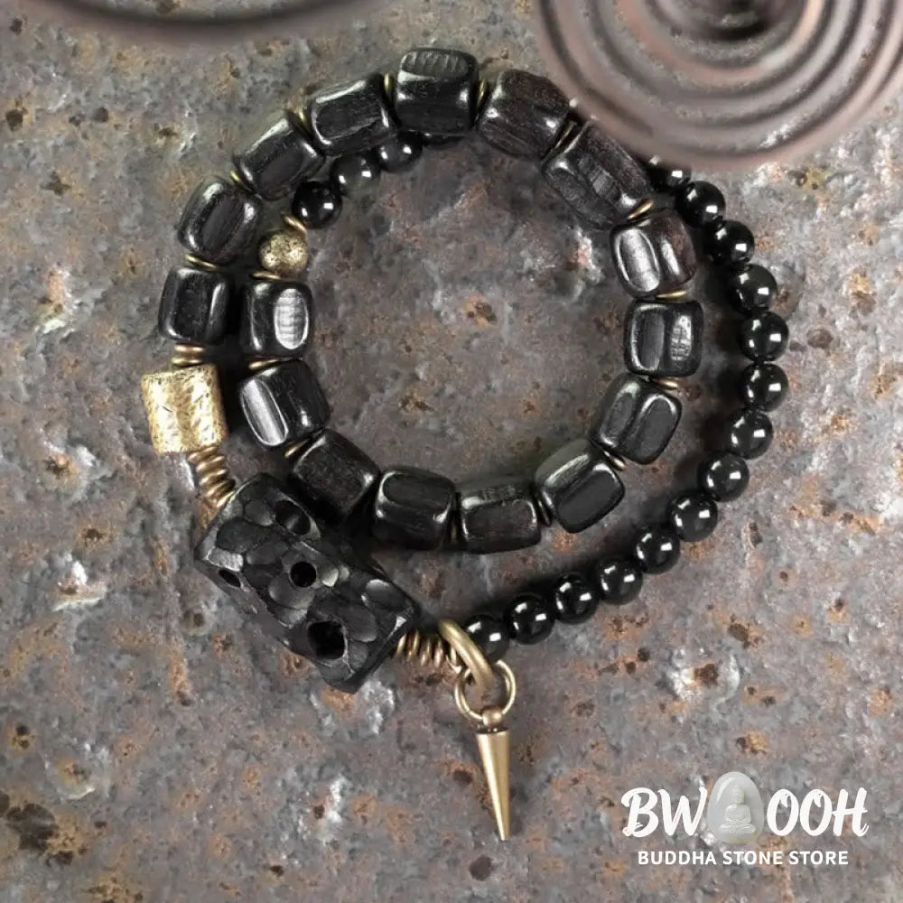 Buddha Stones Ebony Wood Black Obsidian Copper Brass Peace Double Wrap Bracelet - BWOOOH - Bracelet