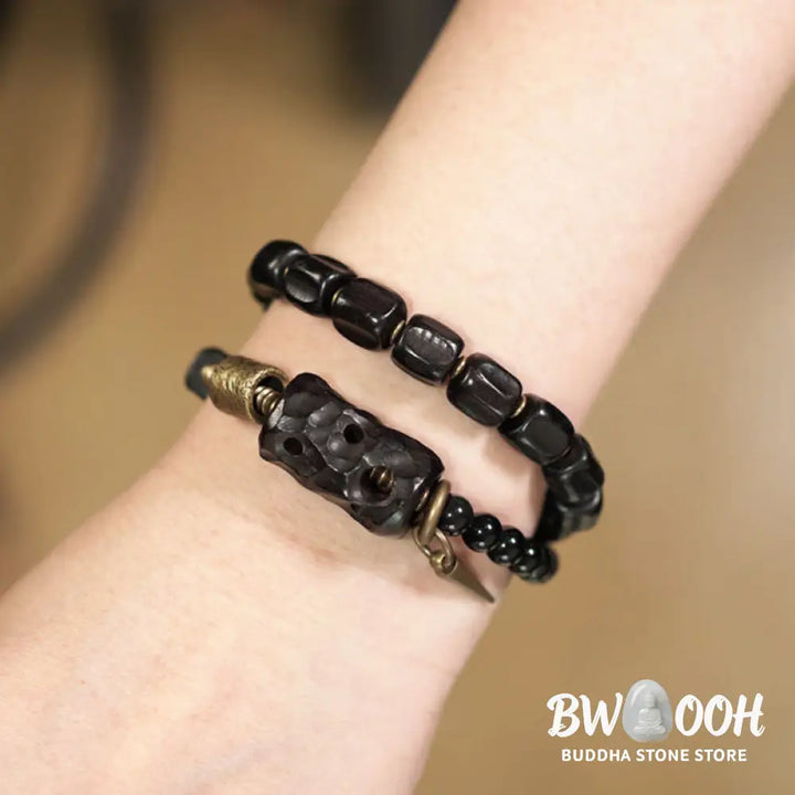 Buddha Stones Ebony Wood Black Obsidian Copper Brass Peace Double Wrap Bracelet - BWOOOH - Bracelet