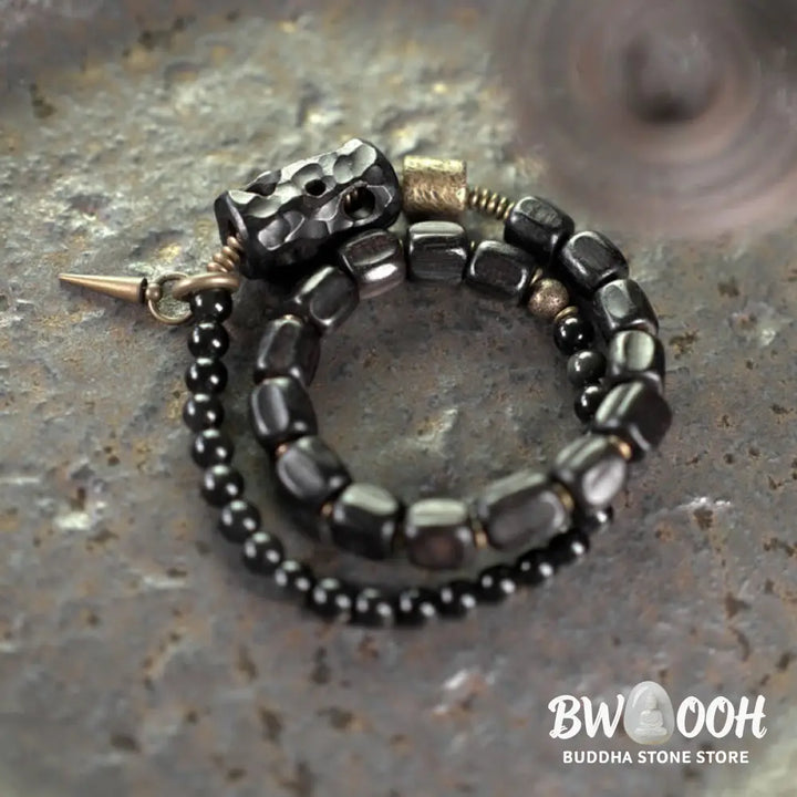 Buddha Stones Ebony Wood Black Obsidian Copper Brass Peace Double Wrap Bracelet - BWOOOH - Bracelet