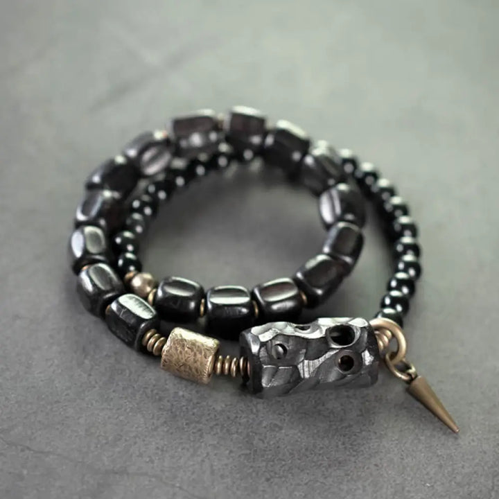 BWOOOH Ebony Wood Black Obsidian Copper Brass Peace Double Wrap Bracelet - BWOOOH - Ebony Wood Black Obsidian