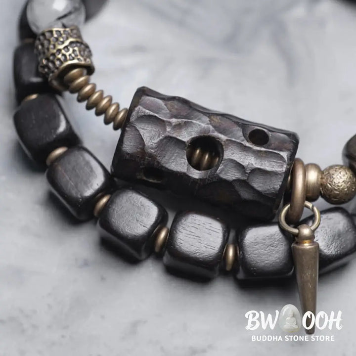 Buddha Stones Ebony Wood Black Rutilated Quartz Copper Brass Double Wrap Balance Bracelet - BWOOOH - Bracelet