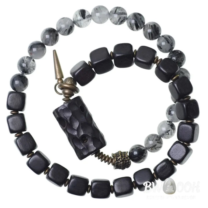 Buddha Stones Ebony Wood Black Rutilated Quartz Copper Brass Double Wrap Balance Bracelet - BWOOOH - Bracelet