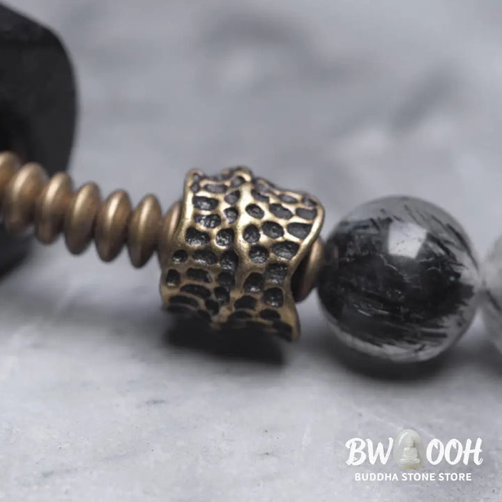 Buddha Stones Ebony Wood Black Rutilated Quartz Copper Brass Double Wrap Balance Bracelet - BWOOOH - Bracelet