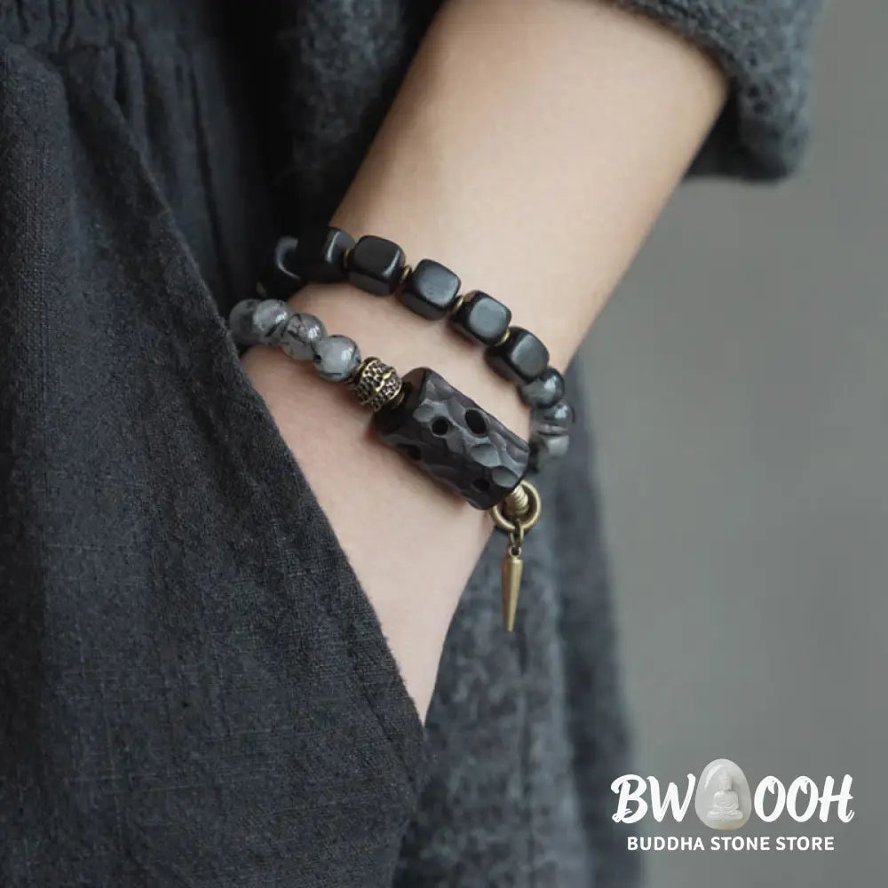 Buddha Stones Ebony Wood Black Rutilated Quartz Copper Brass Double Wrap Balance Bracelet - BWOOOH - Bracelet