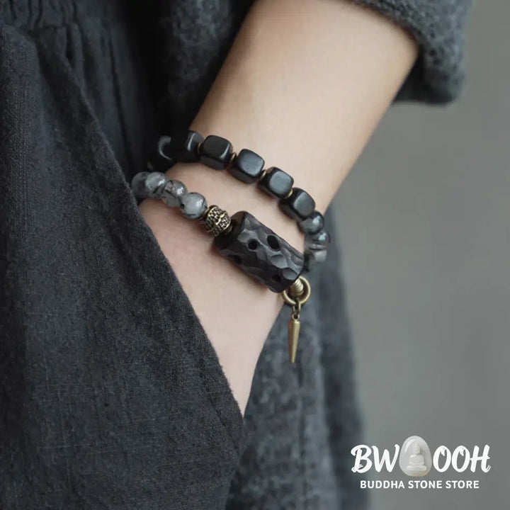Buddha Stones Ebony Wood Black Rutilated Quartz Copper Brass Double Wrap Balance Bracelet - BWOOOH - Bracelet