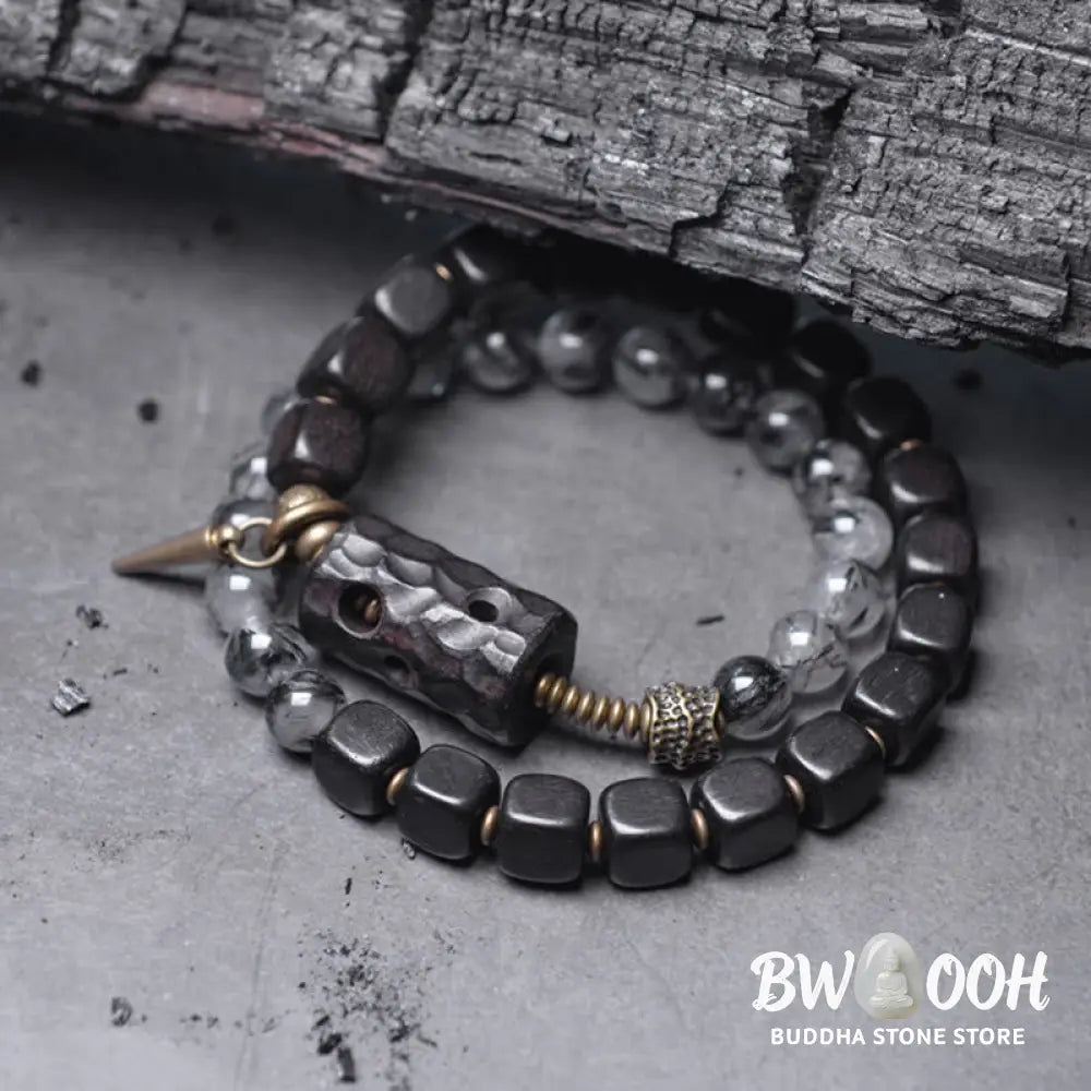 Buddha Stones Ebony Wood Black Rutilated Quartz Copper Brass Double Wrap Balance Bracelet - BWOOOH - Bracelet