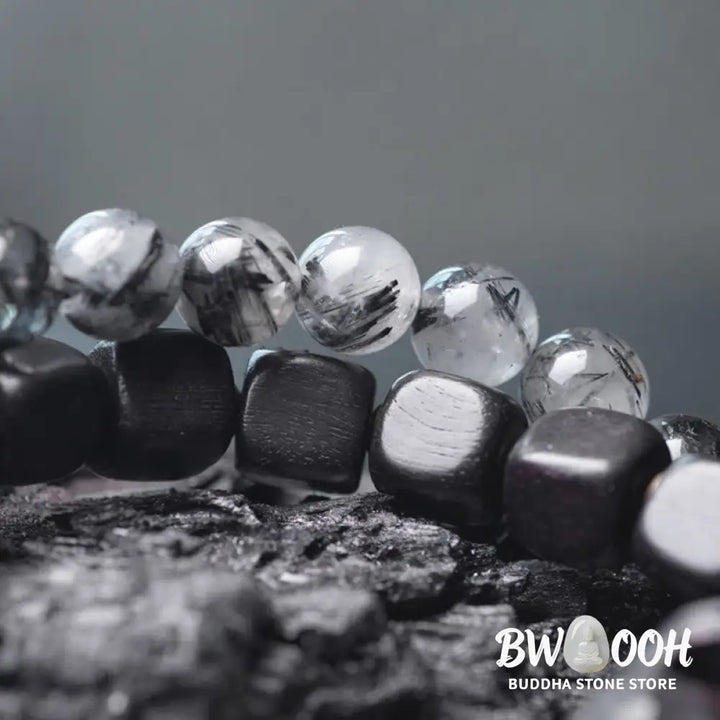 Buddha Stones Ebony Wood Black Rutilated Quartz Copper Brass Double Wrap Balance Bracelet - BWOOOH - Bracelet