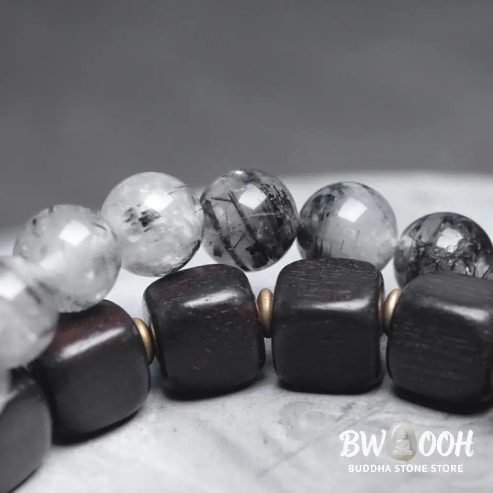 Buddha Stones Ebony Wood Black Rutilated Quartz Copper Brass Double Wrap Balance Bracelet - BWOOOH - Bracelet