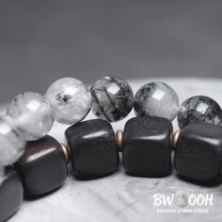 Buddha Stones Ebony Wood Black Rutilated Quartz Copper Brass Double Wrap Balance Bracelet - BWOOOH - Bracelet